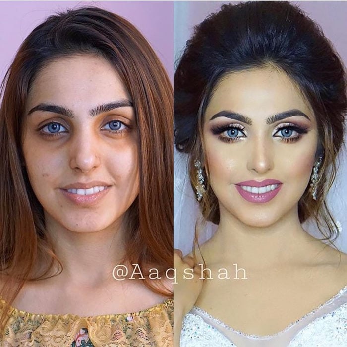 mujer antes y después de maquillarse estilo árabe