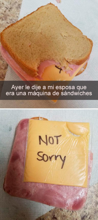 esposa deja el plástico en el sandwich de su esposo 