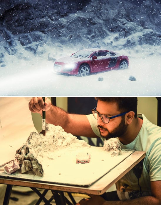 Montaje carro parado en medio de la nieve miniatura 