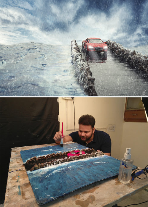 Montaje carro atravesando puente en medio de una tormenta miniatura 