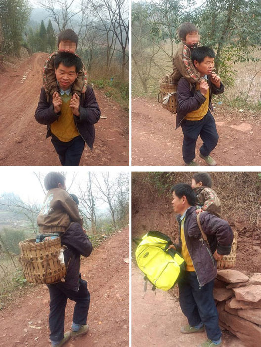 papá caminando con su hijo en hombros 