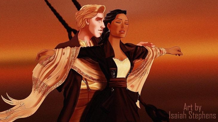 pocahontas y john smith escena titanic ella brazos extendidos y él atrás de ell a