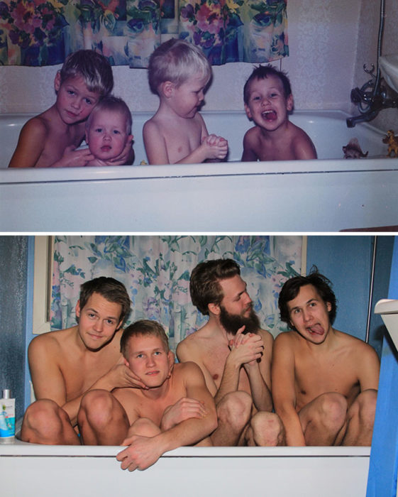 4 hermanos en la bañera recrean foto de niños