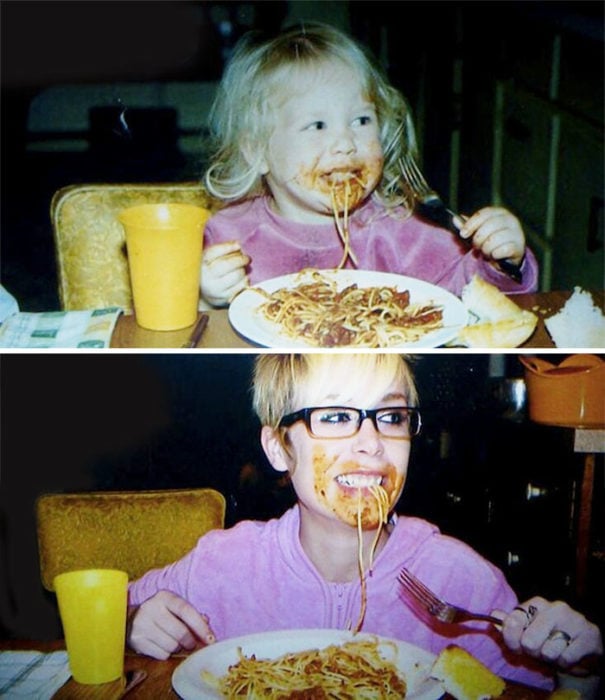 niña comiendo espaguetti muchos años después