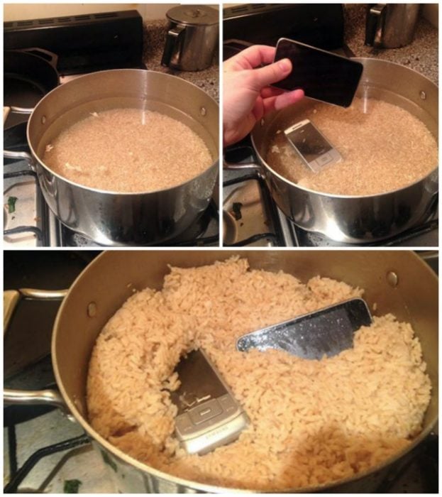 dos celulares dentro del arroz