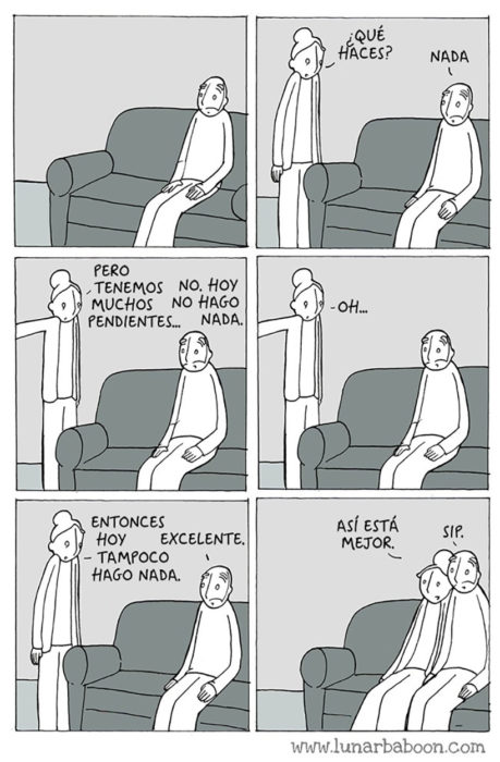 comic de pareja que se sienta en el sillón a no hacer nada