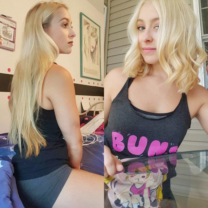 rubia cambio de look chica cabello corto antes y después deportiva