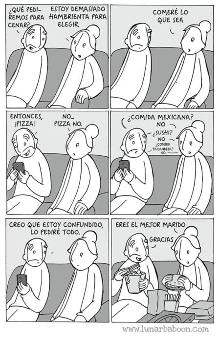 comic de pareja comiendo comida rápida