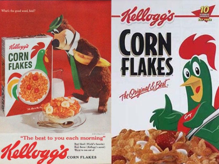 gallo corn flakes empaque vintage personajes de la caja antes y después