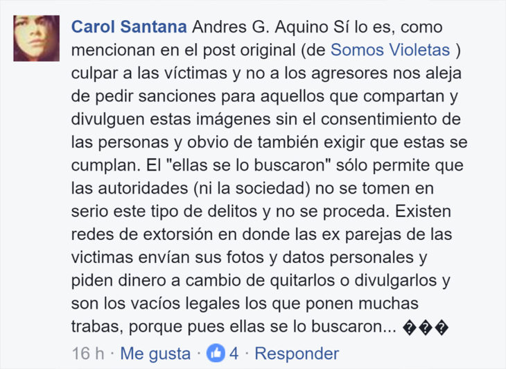 comentario de una chica que dice que no se debe culpar a las víctimas