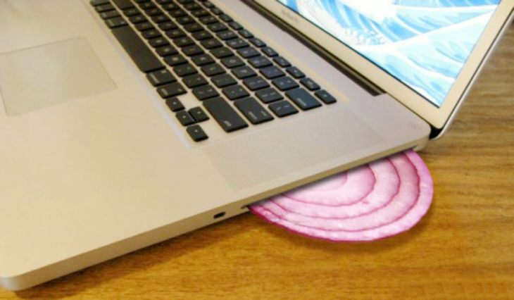 rebanada de cebolla en espacio de disco de laptop