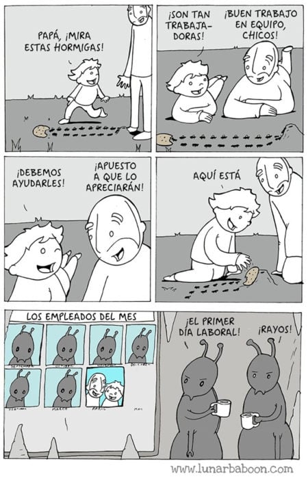 comic sobre un señor y su hijo que ayudan a las hormigas y se convierten en empleados del mes