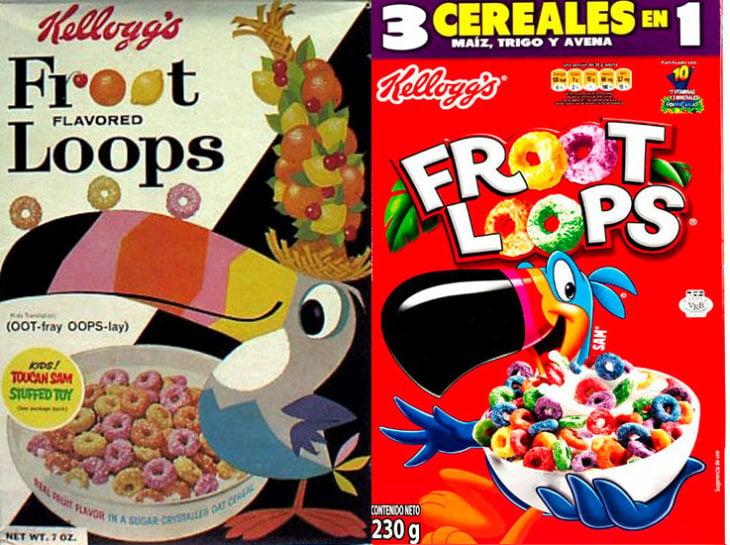 frootloops empaque vintage personajes de la caja antes y después