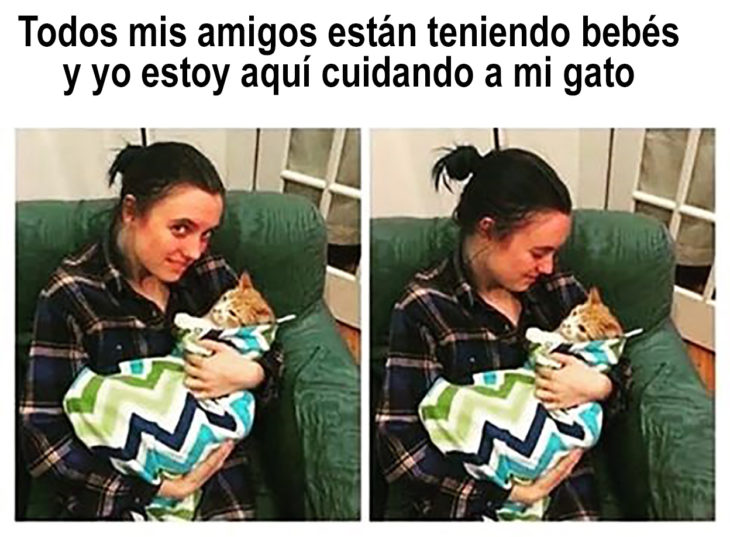 mujer cara a un gato arropado como bebé