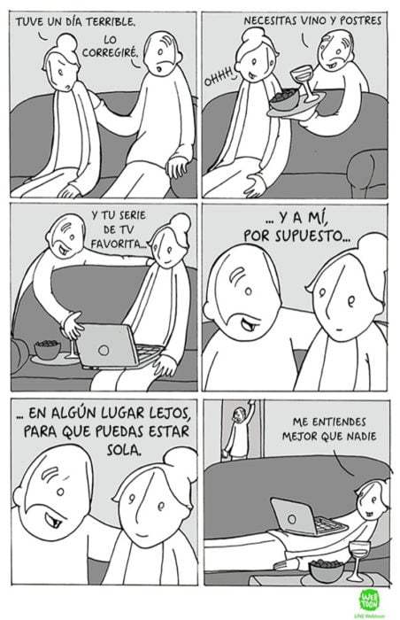 comic de una pareja que se sienta en un sillón sin hacer nada