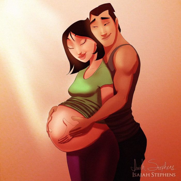shang abrazando a mulán embarazada