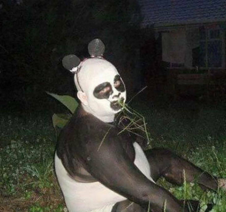 hombre disfrazado de osos panda