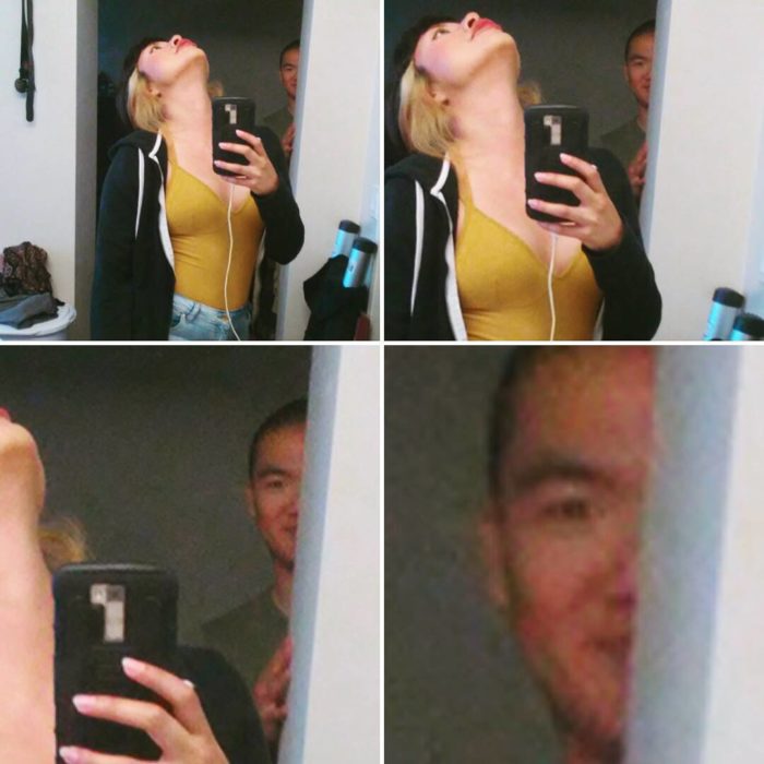 mujer se toma foto doblando el cuello mientras un chico la ve
