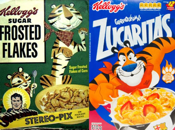 Tigre Toño kellogs zucaritas empaque vintage personajes de la caja antes y después
