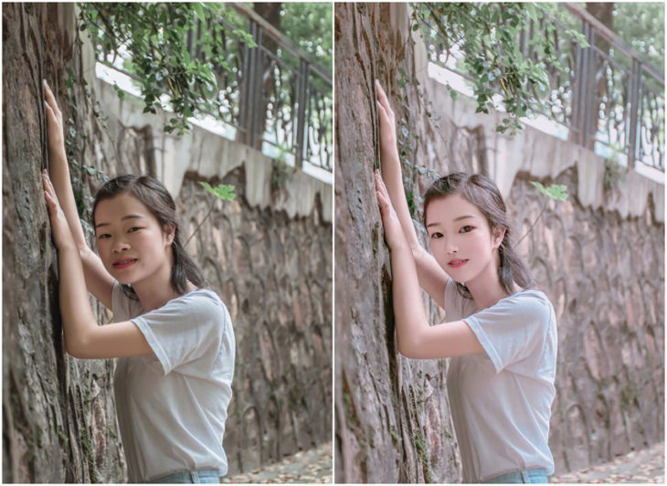 chica recargada en un árbol antes y después del photoshop