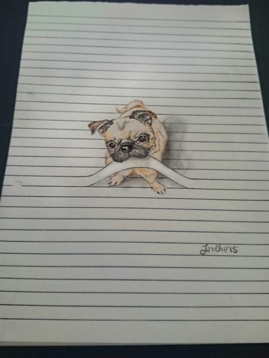 dibujo pug mordiendo libreta