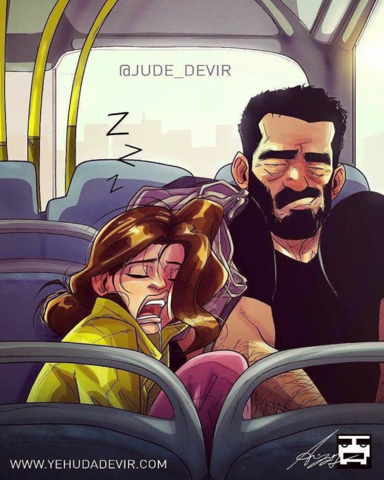 Ilustraciones Yehuda Adi Devir - esposa dormida en camión 