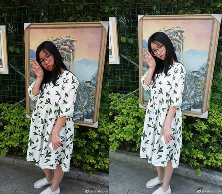 chica con vestido blanco y estampado verde frente a un cuadro antes y después del photoshop