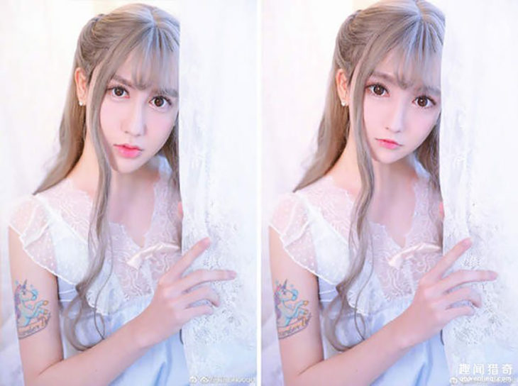 chica rubia con vestido blanco antes y después del photoshop