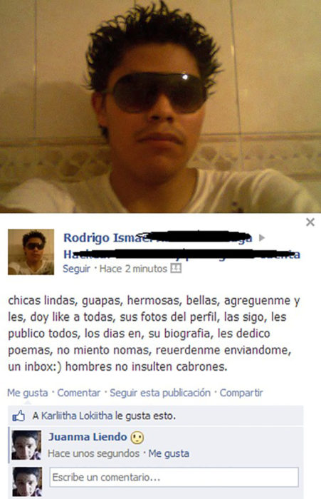 estado de facebook de joven con lentes oscuros que busca agregar a mujeres