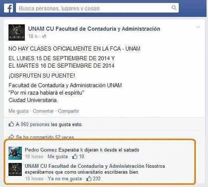 estado de facebook sobre un universitario con faltas de ortografía