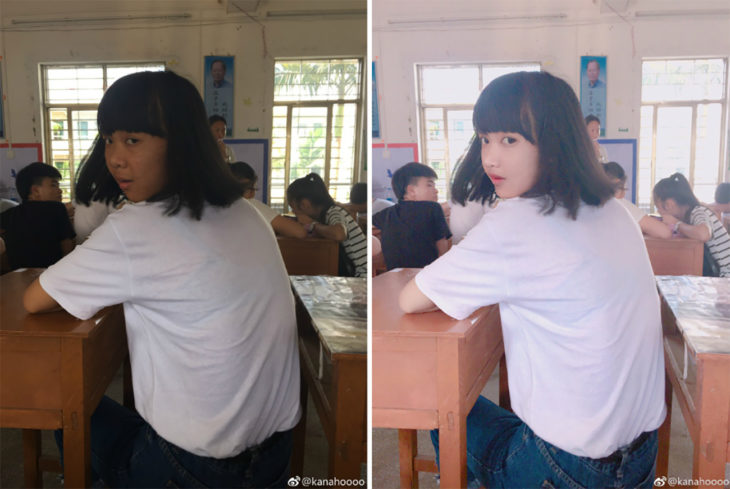 chica asiática en la escuela antes y después del photoshop