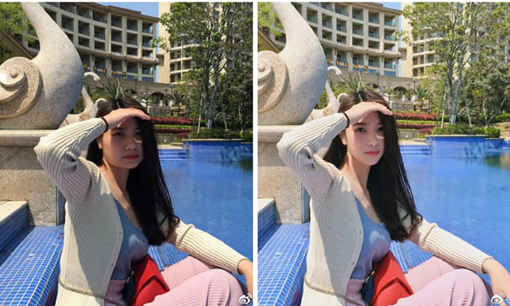 chica asiática en una fuente antes y después del photoshop