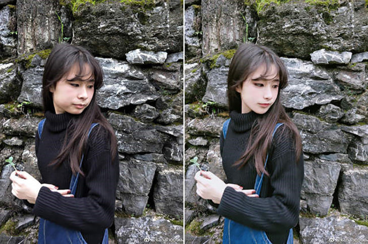 chica asiática frente a unas rocas antes y después del photoshop