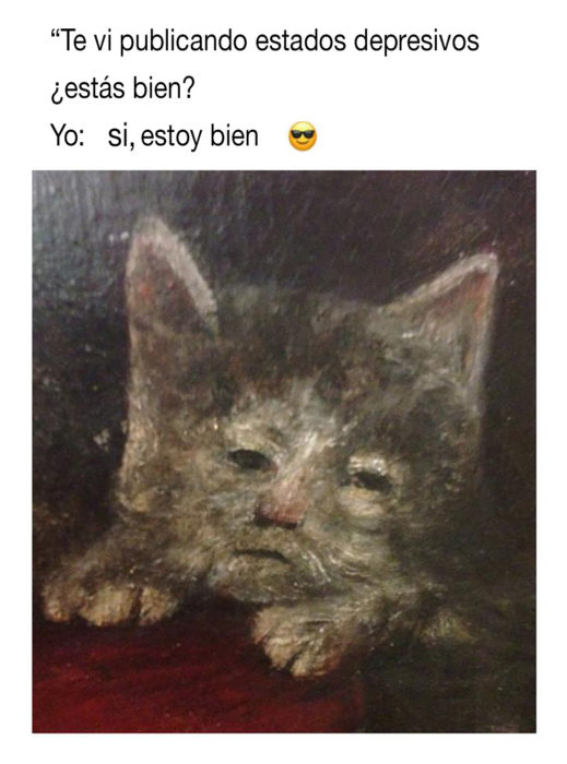 meme sobre una pintura de gato deprimido