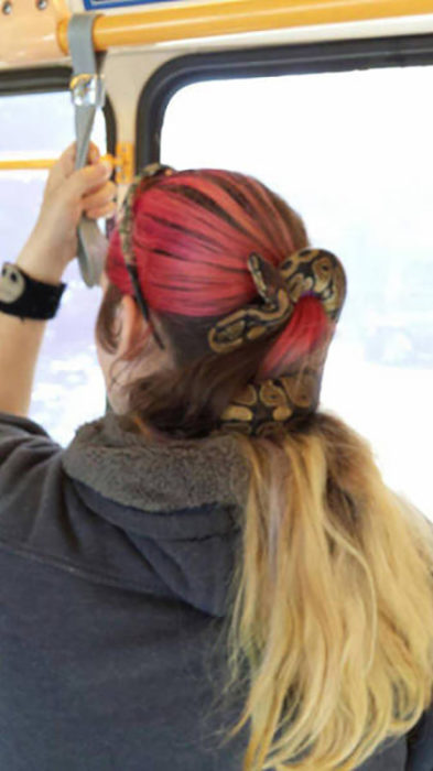 chica con una serpiente en el cabello en lugar de liga