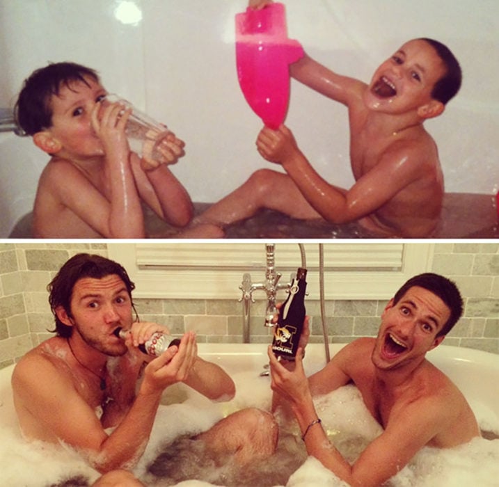 Amigos tomando en la ducha antes y después
