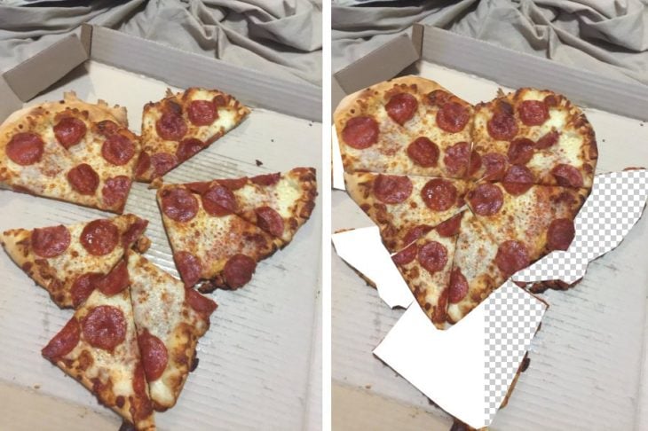 Pizza en pedazos que al unirlos forman un corazón