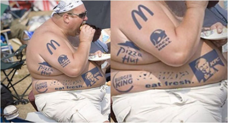 hombre gordo con tatuajes de comida rápida