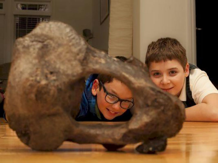 niños viendo un hueso de mastodonte