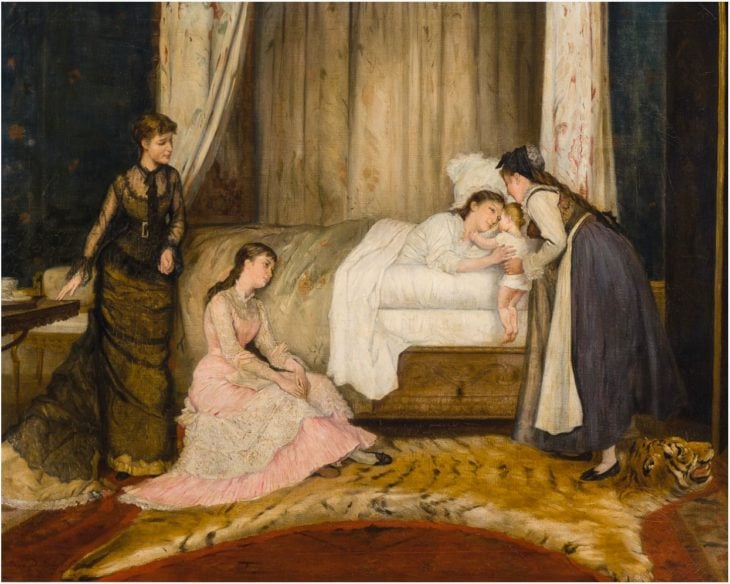 Pintura medieval mujeres con bebé