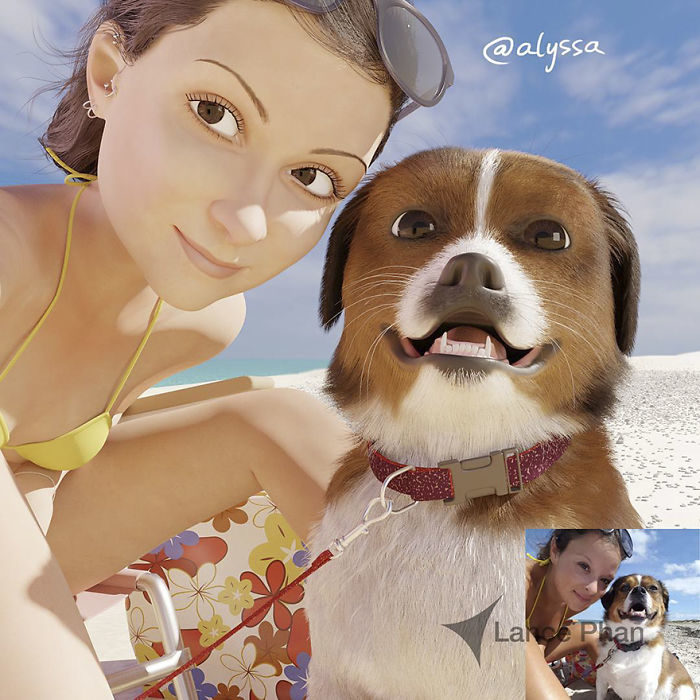 mujer en la playa con su perro convertida en personaje de Pixar