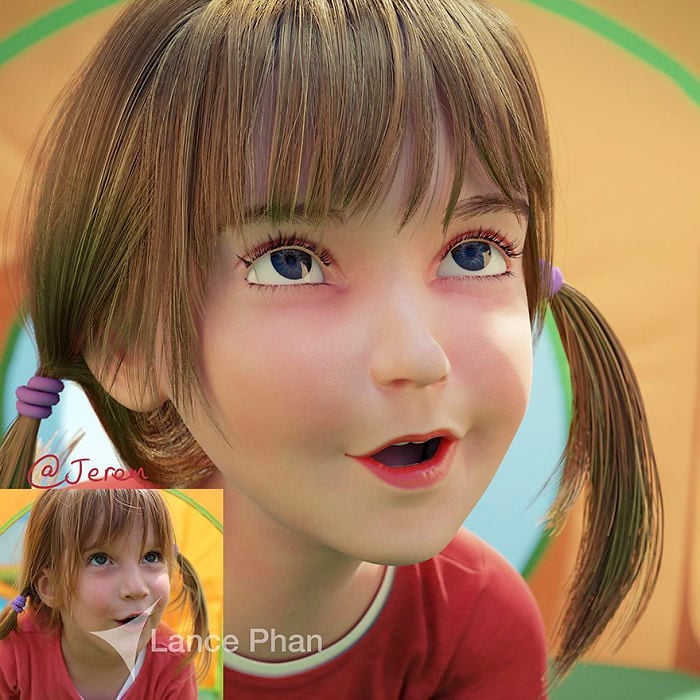 niña de colitas convertida en personaje de Pixar