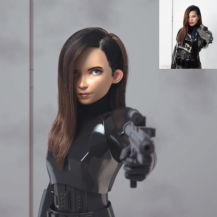 mujer con arma convertida en personaje de Pixar