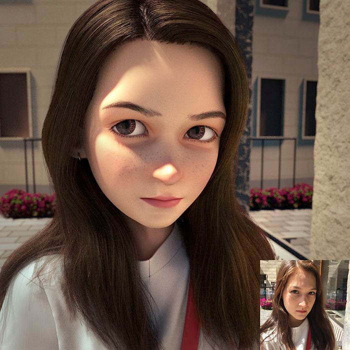 Chica con cabello oscuro convertida en personaje de Pixar