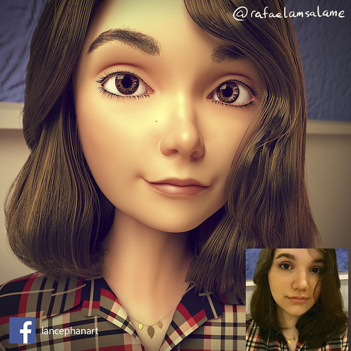 chica selfie convertida en personaje de Pixar