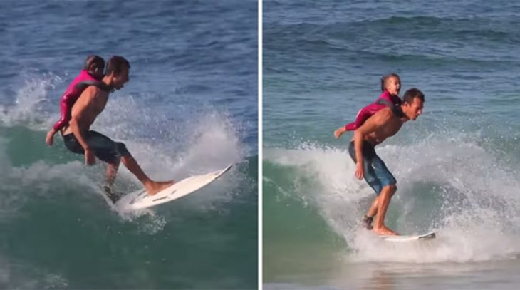 papá surfeando con hija