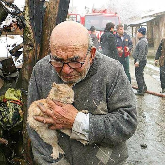 Hombre abrazando un gatito 