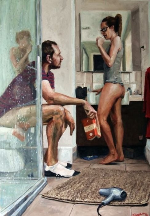 pintura d ehombre y mujer en el baño 