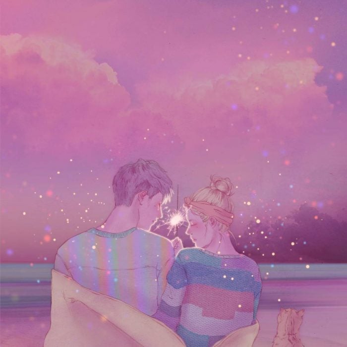 ilustración pareja con cielo rosado 