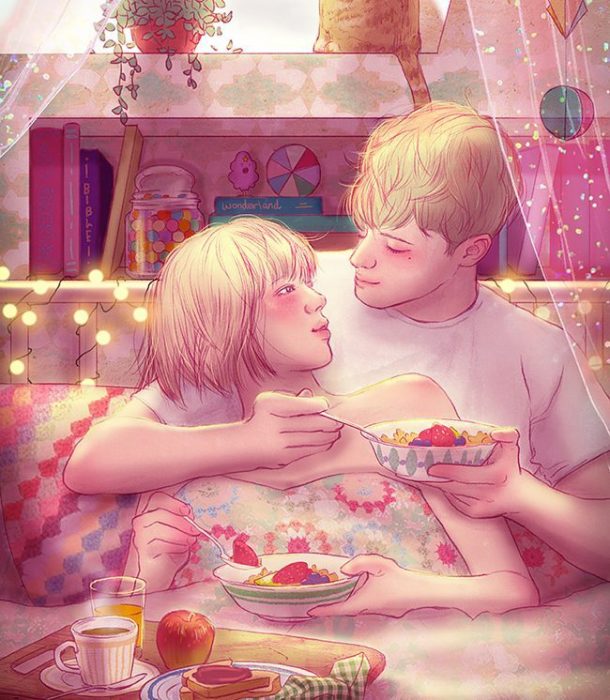 ilustración pareja desayunando 